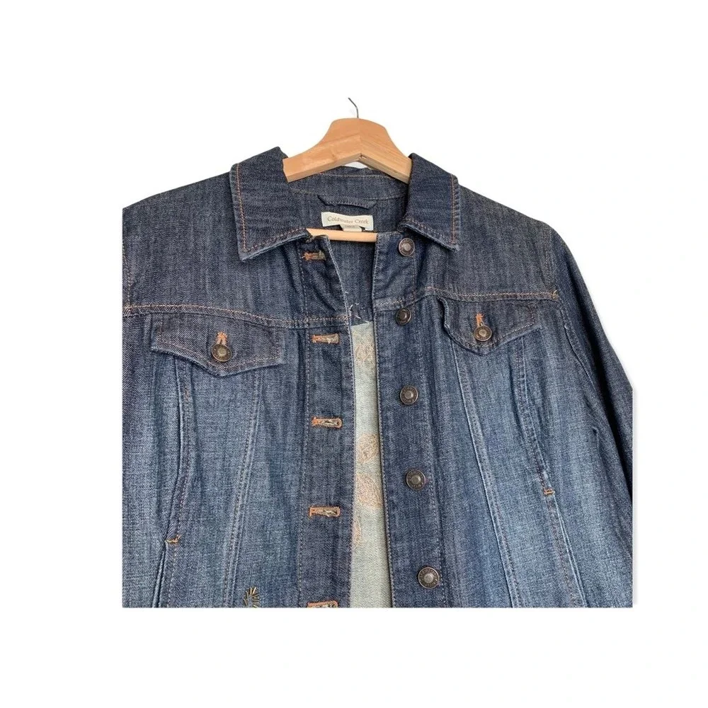 Coldwater Creek Womens Denim Jacket Blue Stretch Pockets Embroidered Petites 10P